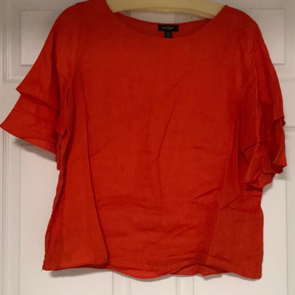 Lord & Taylor Vibrant Orange Blouse short double bell sleeve 22” long